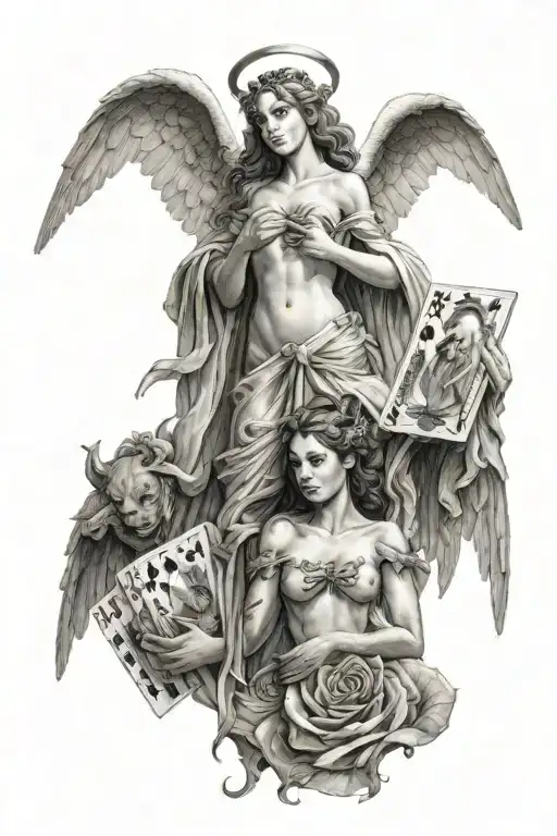 female angel above, female demon holding cards  below tattoo design idea