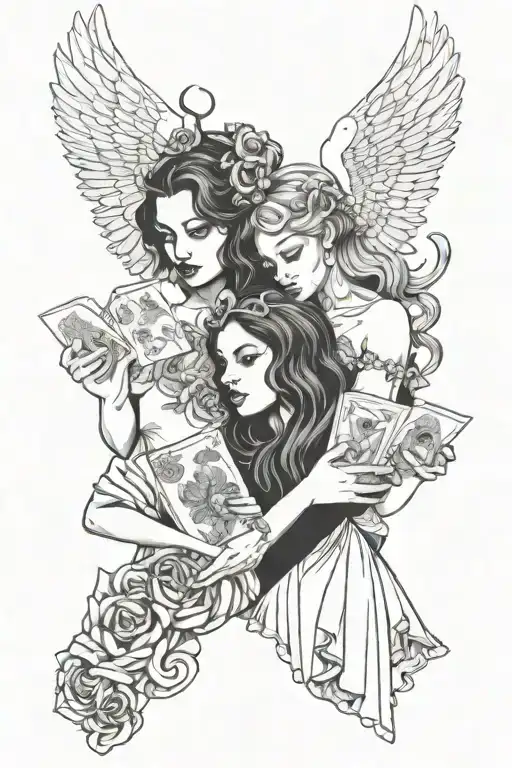 angel and demon holding cards both girls face tattoo design idea