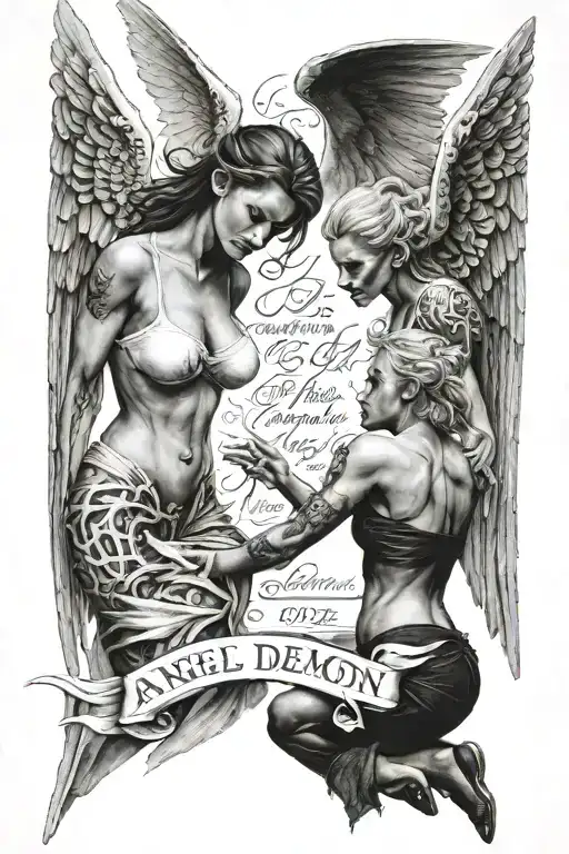 angel vs demon both females with quote  tattoo design idea