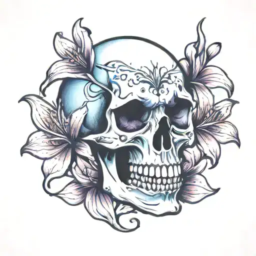 skull with three lilies blue pink purple flowers tattoo design idea