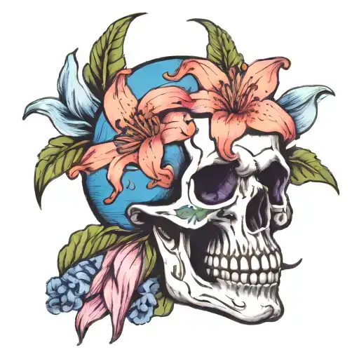 skull with three lilies blue pink purple flowers tattoo design idea