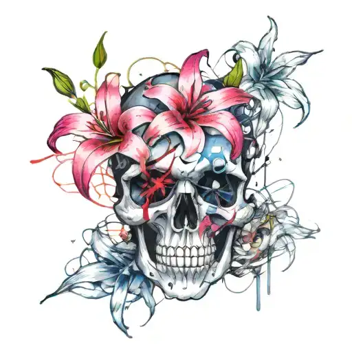 skull with three lilies blue pink purple flowers tattoo design idea
