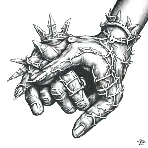 adam's hand reaching, with clouds around and a sun beam in back with a crown of thorns on wrist and kaizen symbol tattoo design idea