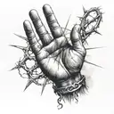 adam's hand reaching, with clouds around and a sun beam in back with a crown of thorns on wrist and kaizen symbol tattoo design idea