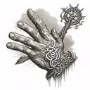 adam's hand reaching, with clouds around and a sun beam in back with a crown of thorns on wrist and kaizen symbol tattoo design idea