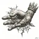 adam's hand reaching, with clouds around and a sun beam in back with a crown of thorns on wrist and kaizen symbol tattoo design idea