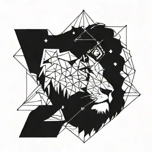 A cosmic lion constellation merging with geometric shapes tattoo design idea