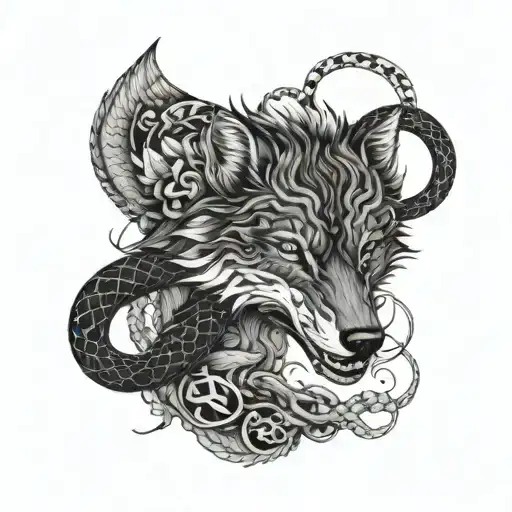 A detailed blackwork design of a wolf and copperhead snake intertwined, symbolizing the harmony between predator and prey in nature tattoo design idea