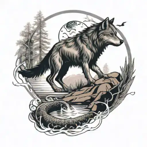 Incorporate a wolf and a copperhead snake intertwined in a river scene, with subtle native American symbols hidden throughout tattoo design idea
