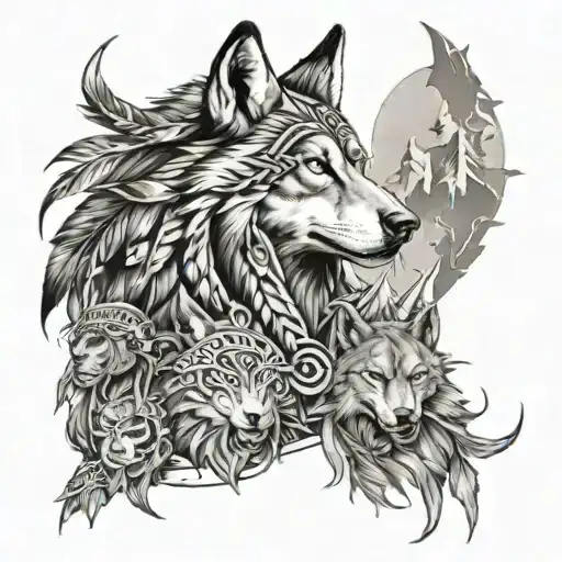Create a half sleeve featuring a collage of native American heritage, with a wolf, warrior, and copperhead snake tattoo design idea