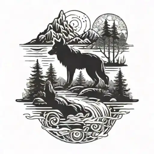 Incorporate a wolf intertwined in a river scene, with subtle native American symbols hidden throughout tattoo design idea