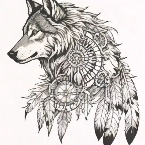 Create a half sleeve featuring a collage of native American style, with a wolf, and warrior with small dream catcher tattoo design idea
