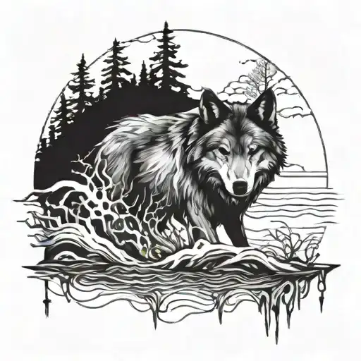 Incorporate a wolf intertwined in a river scene, with subtle native American symbols hidden throughout to fit a half eve tattoo design idea