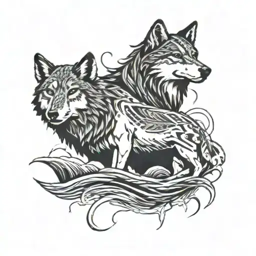 Incorporate a wolf intertwined in a river scene, with subtle native American symbols hidden throughout tattoo design idea