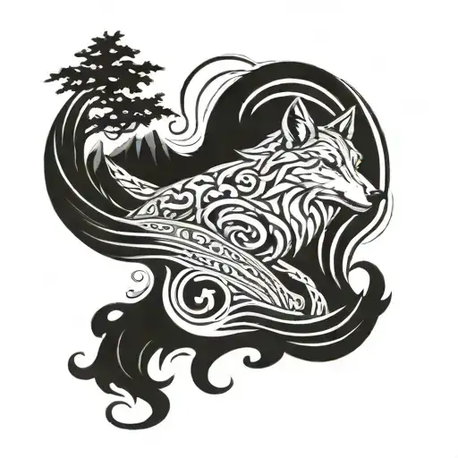 A blackwork composition of a howling wolf against a backdrop of swirling river currents, with a copperhead snake slithering through the water tattoo design idea