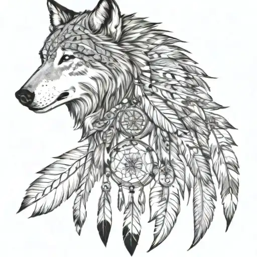 Create a half sleeve featuring a collage of native American style, with a wolf, and warrior with small dream catcher tattoo design idea