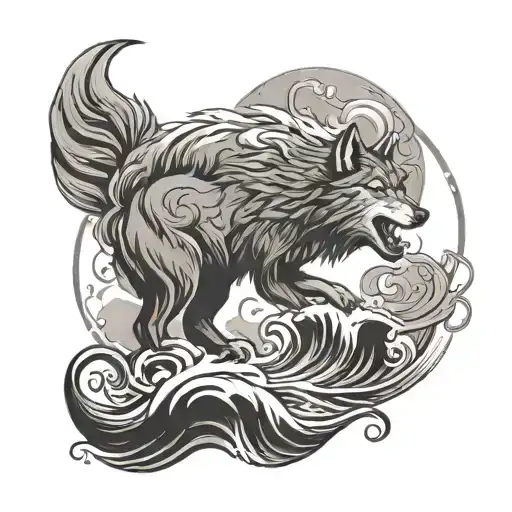 A blackwork composition of a howling wolf against a backdrop of swirling river currents, with a copperhead snake slithering through the water tattoo design idea