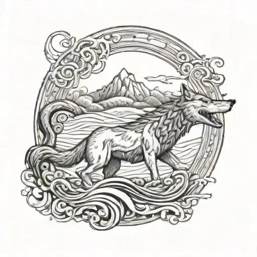 A blackwork composition of a howling wolf against a backdrop of swirling river currents, with a copperhead snake slithering through the water tattoo design idea