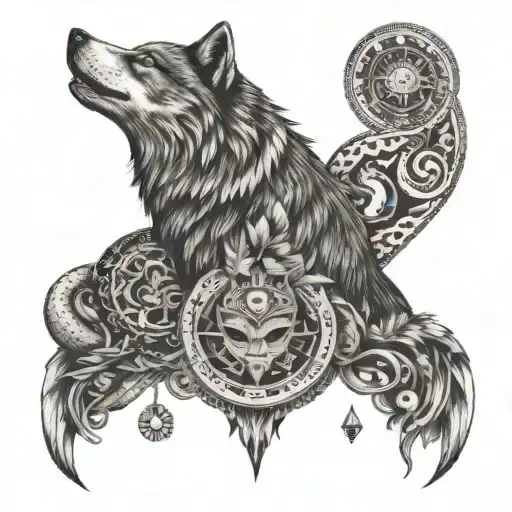 A dotwork representation of a native American collage featuring traditional symbols and wildlife like wolves and copperhead snakes, creating a cohesive and intricate half sleeve design tattoo design idea