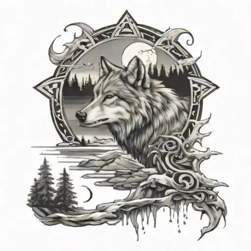 Incorporate a wolf intertwined in a river scene, with subtle native American symbols hidden throughout tattoo design idea
