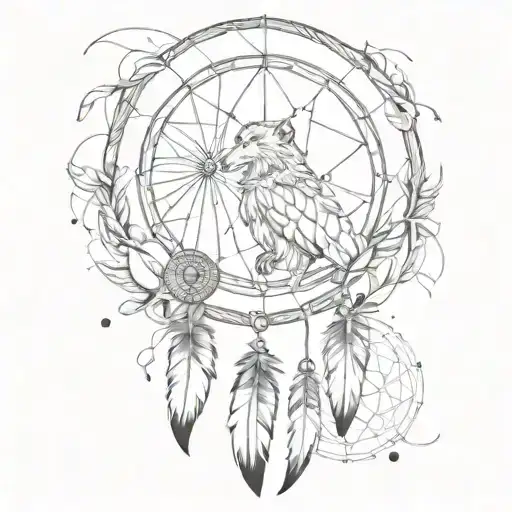 An abstract representation of a dreamcatcher with wolf and eagle feathers, symbolizing protection and freedom tattoo design idea