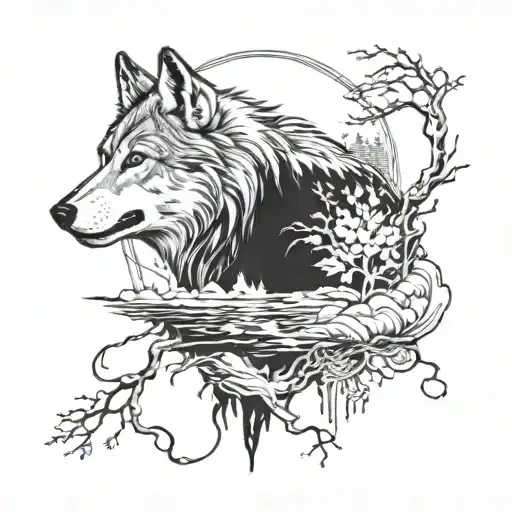 Incorporate a wolf intertwined in a river scene, with subtle native American symbols hidden throughout for half sleeve tattoo design idea