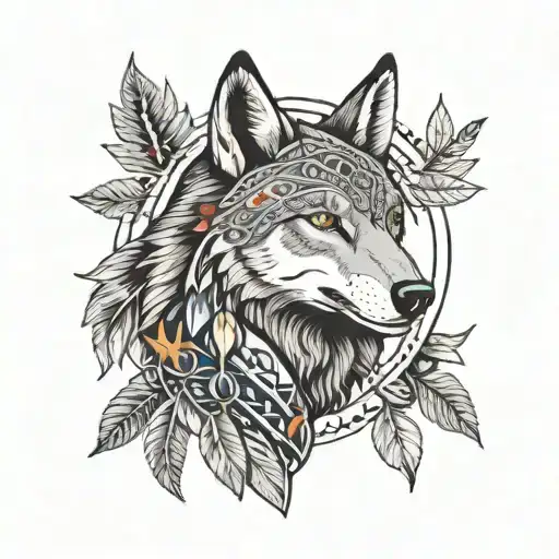 A dotwork representation of a native American collage featuring traditional symbols and wildlife like wolves and copperhead snakes, creating a cohesive and intricate half sleeve design tattoo design idea