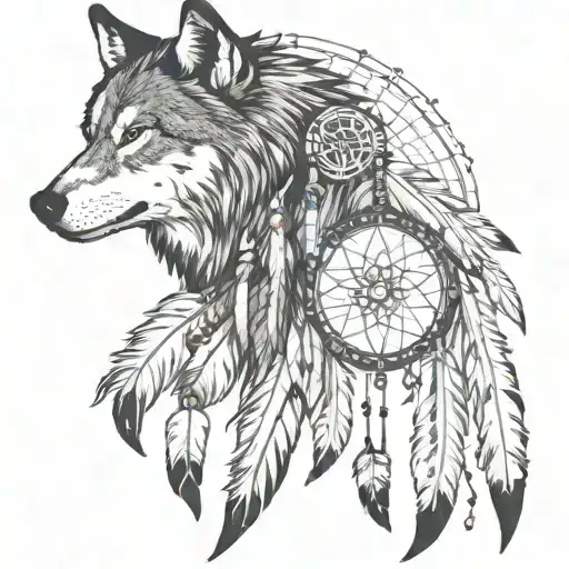 Create a half sleeve featuring a collage of native American style, with a wolf, and warrior with small dream catcher tattoo design idea