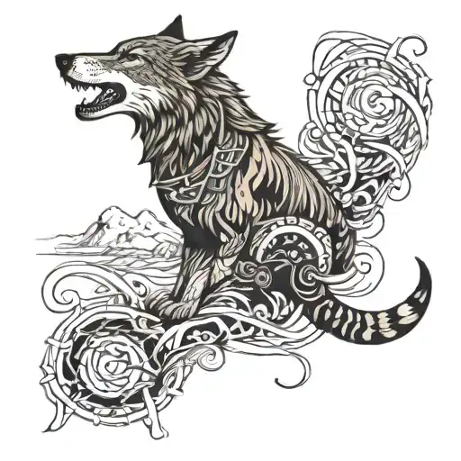 Incorporate a wolf and a copperhead snake intertwined in a river scene, with subtle native American symbols hidden throughout tattoo design idea