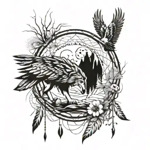 A wolf and eagle intertwined in a river scene, incorporating elements of Native American collage and a dreamcatcher tattoo design idea
