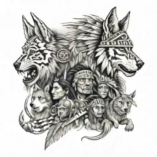 Create a half sleeve featuring a collage of native American warriors and chiefs, with a wolf and copperhead snake as guardians on each side tattoo design idea