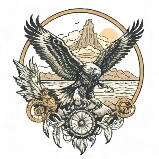 A wolf and eagle intertwined in a river scene, incorporating elements of Native American collage and a dreamcatcher tattoo design idea