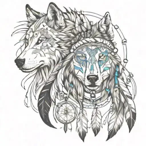 Create a half sleeve featuring a collage of native American style, with a wolf, and warrior with small dream catcher tattoo design idea