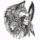 Create a half sleeve featuring a collage of native American heritage, with a wolf, warrior, and copperhead snake tattoo design idea