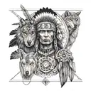 Create a half sleeve featuring a collage of native American heritage, with a wolf, warrior, and copperhead snake tattoo design idea