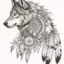 Create a half sleeve featuring a collage of native American style, with a wolf, and warrior with small dream catcher tattoo design idea
