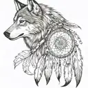 Create a half sleeve featuring a collage of native American style, with a wolf, and warrior with small dream catcher tattoo design idea