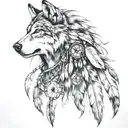 Create a full sleeve featuring a collage of native American style, with a wolf, and warrior with small dream catcher tattoo design idea