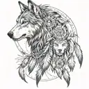 Create a full sleeve featuring a collage of native American style, with a wolf, and warrior with small dream catcher tattoo design idea