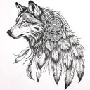 Create a full sleeve featuring a collage of native American style, with a wolf, and warrior with small dream catcher tattoo design idea