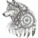Create a full sleeve featuring a collage of native American style, with a wolf, and warrior with small dream catcher tattoo design idea