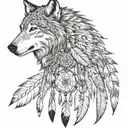 Create a half sleeve featuring a collage of native American style, with a wolf, and warrior with small dream catcher tattoo design idea