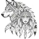 Create a half sleeve featuring a collage of native American style, with a wolf, and warrior with small dream catcher tattoo design idea