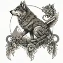 A dotwork representation of a native American collage featuring traditional symbols and wildlife like wolves and copperhead snakes, creating a cohesive and intricate half sleeve design tattoo design idea