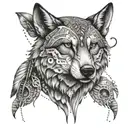 A dotwork representation of a native American collage featuring traditional symbols and wildlife like wolves and copperhead snakes, creating a cohesive and intricate half sleeve design tattoo design idea