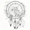 An abstract representation of a dreamcatcher with wolf and eagle feathers, symbolizing protection and freedom tattoo design idea