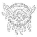 An abstract representation of a dreamcatcher with wolf and eagle feathers, symbolizing protection and freedom tattoo design idea