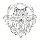 An abstract representation of a dreamcatcher with wolf and eagle feathers, symbolizing protection and freedom tattoo design idea