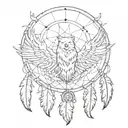 An abstract representation of a dreamcatcher with wolf and eagle feathers, symbolizing protection and freedom tattoo design idea