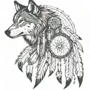 Create a half sleeve featuring a collage of native American style, with a wolf, and warrior with small dream catcher tattoo design idea